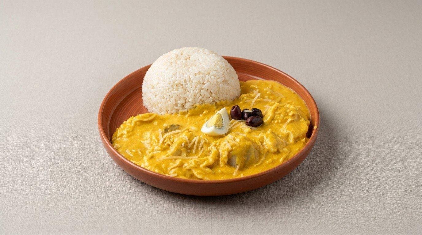 Aji de Gallina — creamy shredded chicken in yellow pepper sauce with rice, egg and olives