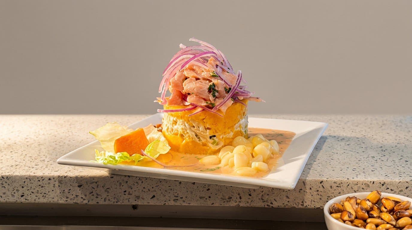 Causa Acevichada — Peruvian potato causa topped with fresh ceviche, red onion and corn