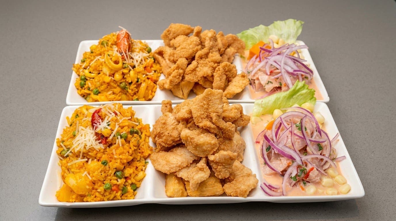 Taty's combo platter — arroz chaufa, crispy chicharrón and fresh ceviche