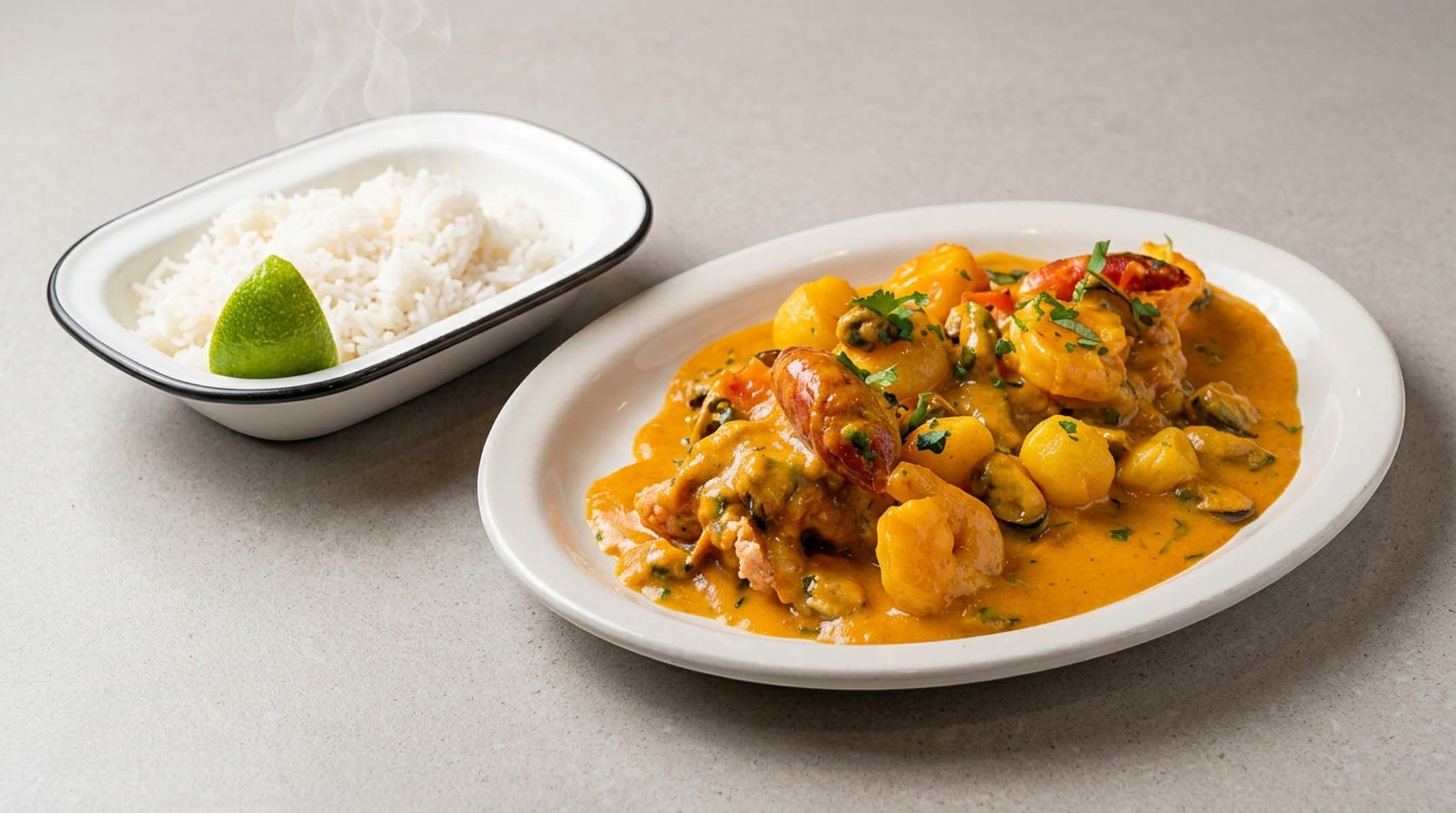 Seafood medley in creole sauce with shrimp, mussels and potatoes, served with rice